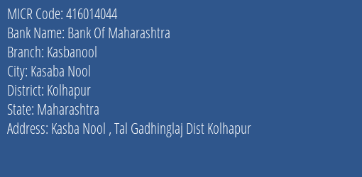 Bank Of Maharashtra Kasbanool Branch Address Details and MICR Code 416014044