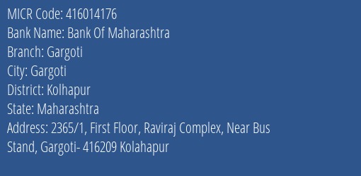 Bank Of Maharashtra Gargoti Branch Address Details and MICR Code 416014176