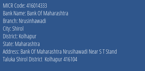 Bank Of Maharashtra Nrusinhawadi Branch Address Details and MICR Code 416014333