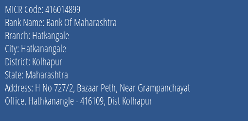Bank Of Maharashtra Hatkangale Branch Address Details and MICR Code 416014899