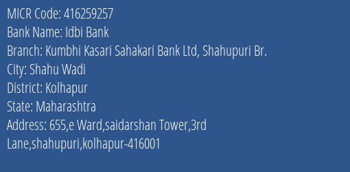 Kumbhi Kasari Sahakari Bank Ltd Shahupuri MICR Code