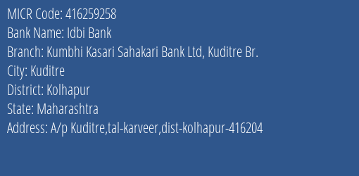 Kumbhi Kasari Sahakari Bank Ltd Kuditre MICR Code