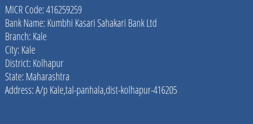 Kumbhi Kasari Sahakari Bank Ltd Kale MICR Code