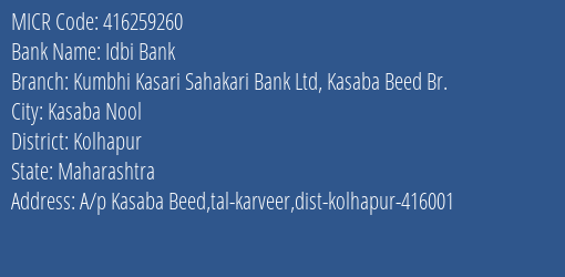 Kumbhi Kasari Sahakari Bank Ltd Kasaba Beed MICR Code