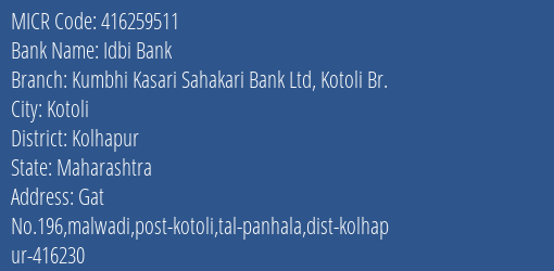 Kumbhi Kasari Sahakari Bank Ltd Kotoli MICR Code