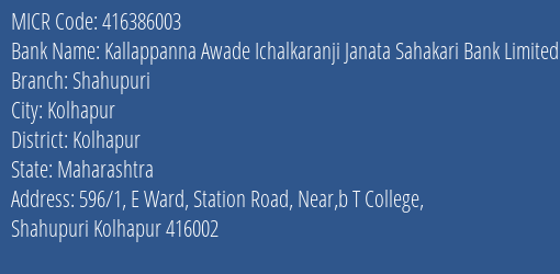 Kallappanna Awade Ichalkaranji Janata Sahakari Bank Limited Shahupuri MICR Code