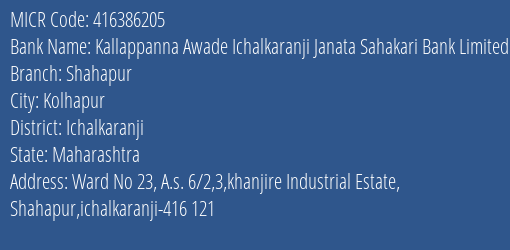 Kallappanna Awade Ichalkaranji Janata Sahakari Bank Limited Shahapur MICR Code