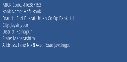Shri Bharat Urban Co Op Bank Ltd Jaysingpur MICR Code