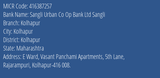 Sangli Urban Co Op Bank Ltd Sangli Kolhapur MICR Code