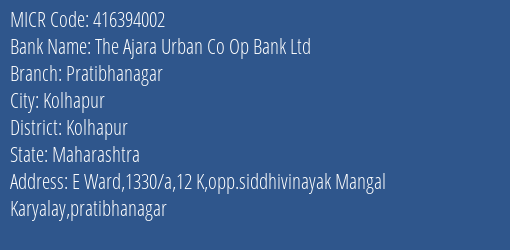 The Ajara Urban Co Op Bank Ltd Pratibhanagar MICR Code