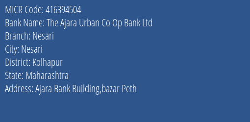 The Ajara Urban Co Op Bank Ltd Nesari MICR Code