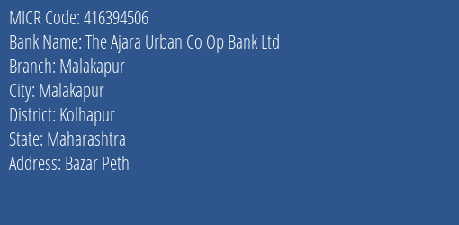 The Ajara Urban Co Op Bank Ltd Malakapur MICR Code