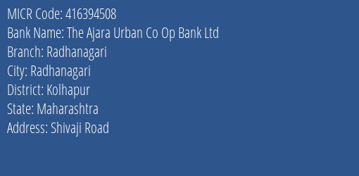 The Ajara Urban Co Op Bank Ltd Radhanagari MICR Code
