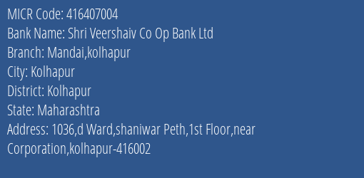 Shri Veershaiv Coop Bank Ltd Shaniwar Peth MICR Code