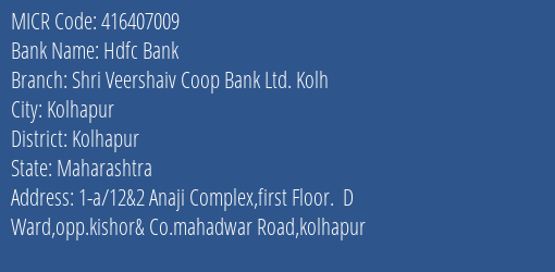 Shri Veershaiv Coop Bank Ltd Mahadwar Road MICR Code