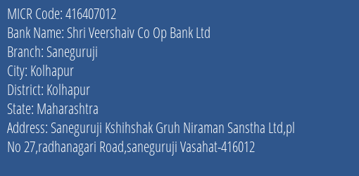 Shri Veershaiv Coop Bank Ltd Saneguruji MICR Code
