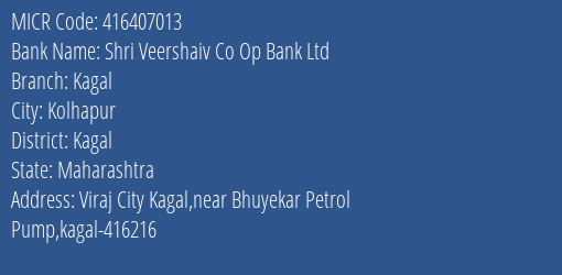 Shri Veershaiv Co Op Bank Ltd Kagal MICR Code