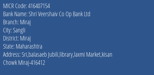 Shri Veershaiv Co Op Bank Ltd Miraj MICR Code