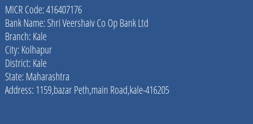Shri Veershaiv Co Op Bank Ltd Kale MICR Code