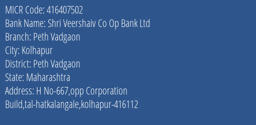 Shri Veershaiv Co Op Bank Ltd Peth Vadgaon MICR Code