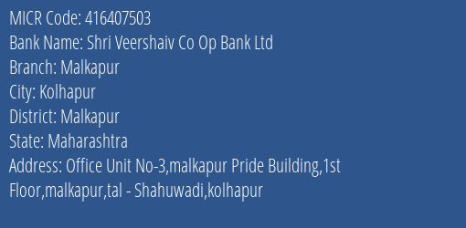 Shri Veershaiv Co Op Bank Ltd Malkapur MICR Code