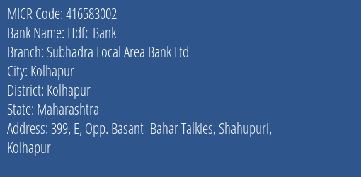 Subhadra Local Area Bank Ltd Shahupuri MICR Code