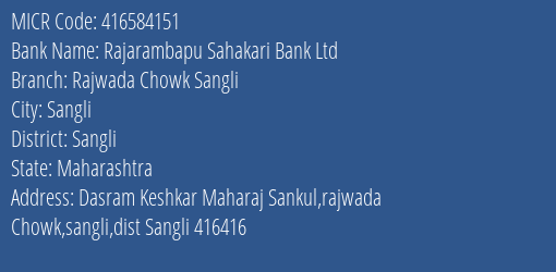 Rajarambapu Sahakari Bank Ltd Rajwada Chowk Sangli MICR Code