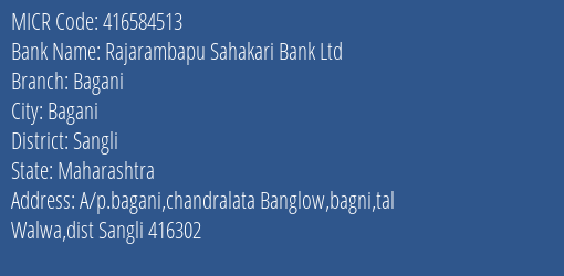 Rajarambapu Sahakari Bank Ltd Bagani MICR Code