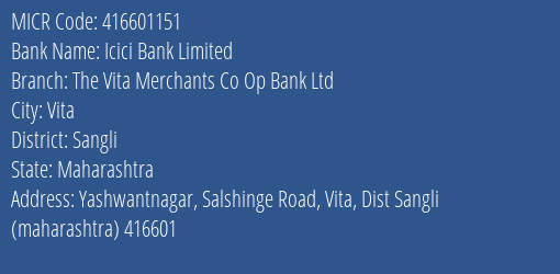 The Vita Merchants Co Op Bank Ltd Yashwantnagar MICR Code