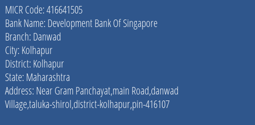 Development Bank Of Singapore Danwad MICR Code