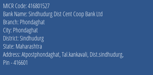 Sindhudurg Dist Cent Coop Bank Ltd Phondaghat MICR Code