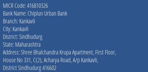 Chiplun Urban Bank Kankavli MICR Code
