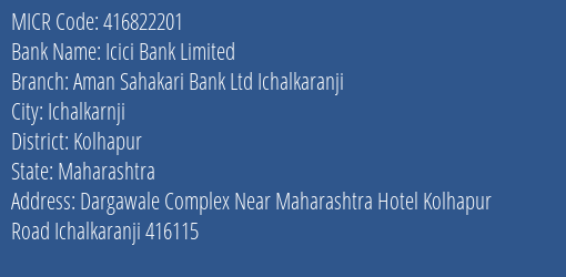 Aman Sahakari Bank Ltd Kolhapur Road MICR Code