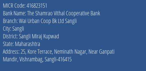 Wai Urban Coop Bank Ltd Sangli MICR Code