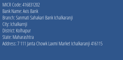 Sanmati Sahakari Bank Ichalkaranji Janta Chowk Laxmi Market MICR Code