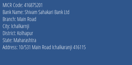 Shivam Sahakari Bank Ltd Main Road MICR Code