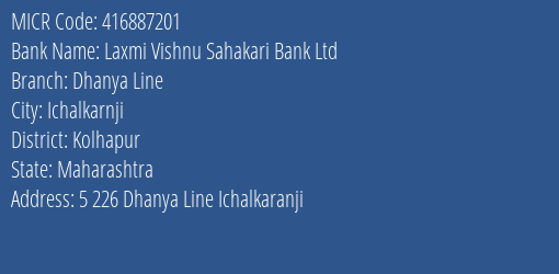 Laxmi Vishnu Sahakari Bank Ltd Dhanya Line MICR Code