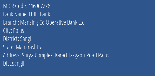 Mansing Co Operative Bank Ltd Karad Tasgaon Road MICR Code