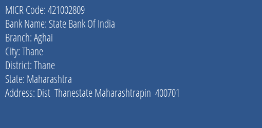 State Bank Of India Aghai Branch Address Details and MICR Code 421002809