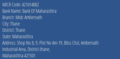 Bank Of Maharashtra Midc Ambernath MICR Code