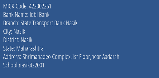 State Transport Co Operative Bank Nasik MICR Code
