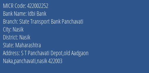 State Transport Co Operative Bank Panchavati MICR Code