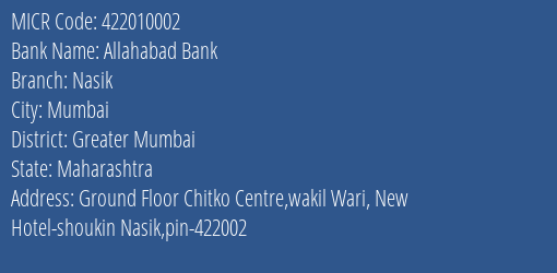 Allahabad Bank Nasik MICR Code
