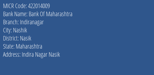 Bank Of Maharashtra Indiranagar Branch Address Details and MICR Code 422014009