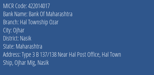 Bank Of Maharashtra Hal Township Ozar Branch Address Details and MICR Code 422014017