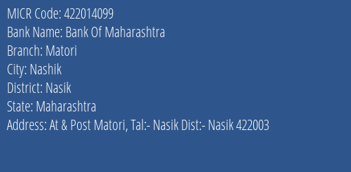 Bank Of Maharashtra Matori Branch Address Details and MICR Code 422014099