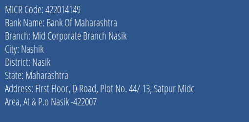 Bank Of Maharashtra Mid Corporate Branch Nasik Branch Address Details and MICR Code 422014149