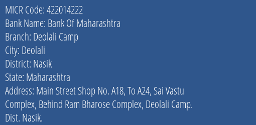 Bank Of Maharashtra Deolali Camp Branch Address Details and MICR Code 422014222