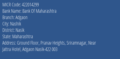 Bank Of Maharashtra Adgaon Branch Address Details and MICR Code 422014299