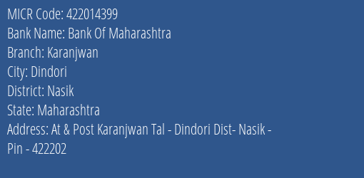 Bank Of Maharashtra Karanjwan Branch Address Details and MICR Code 422014399